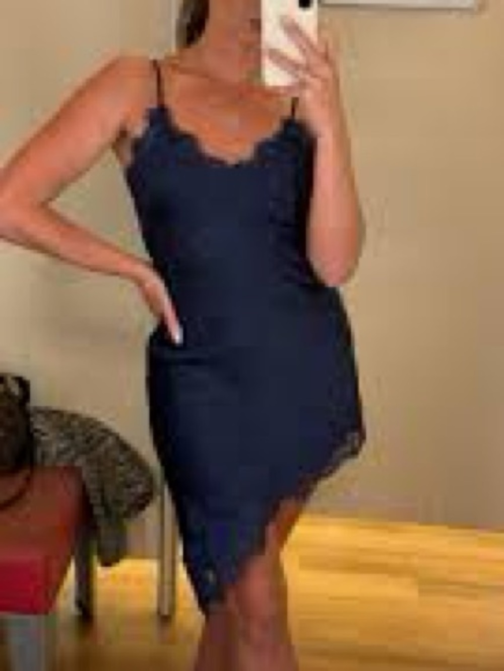 Navy Lace-Trim Mini Slip Dress